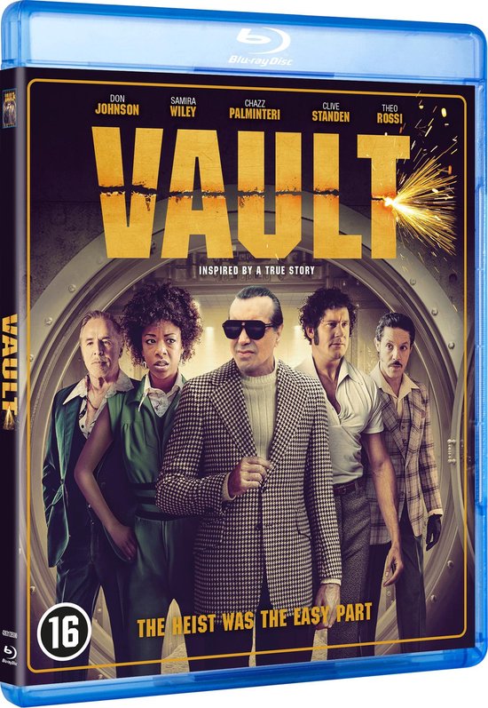 Filmcover 'Vault' Blu-ray. Groep van vijf mensen voor een ronde kluisdeur. Met de tekst 'THE HEIST WAS THE EASY PART'.