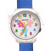 Kinder horloge- Bloem- Midden Blauw- Echt leer