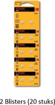20 stuks (2 blisters a 10 stuks) Kodak AG1 alkaline knoopcel 1.5v
