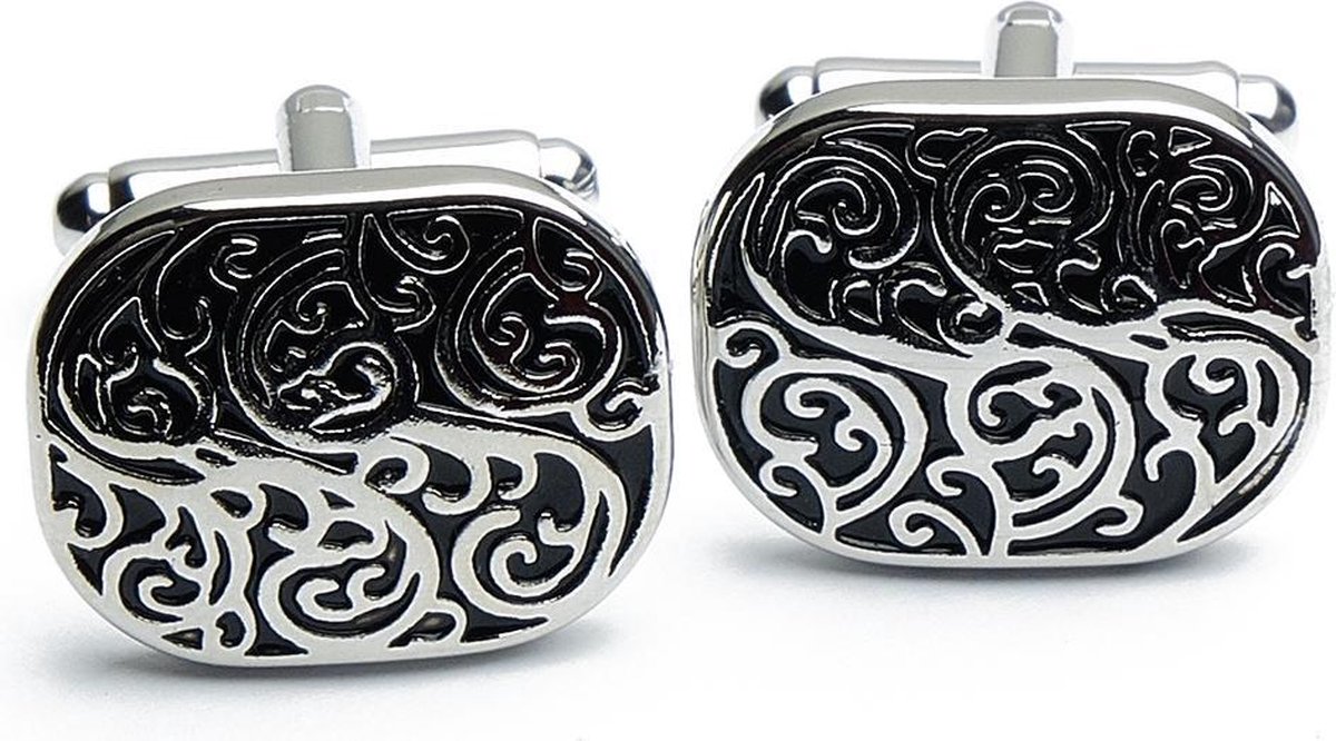 Manchetknopen - Ovaal met Zwart en Zilver Patroon
