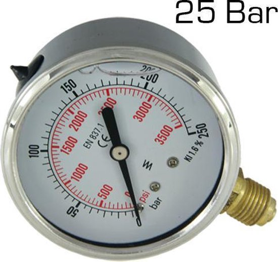 Manometer 0 25 Bar RVS glycerine gevuld onderaansluiting 1/4 inch bol