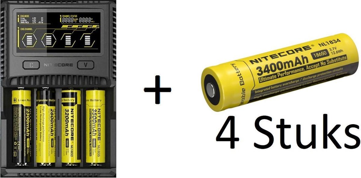Nitecore Superbcharge SC4 EU 4 chanel Intelligent Fast charger for Li-ion batteries + 4 18650 3400 mah Batterijen