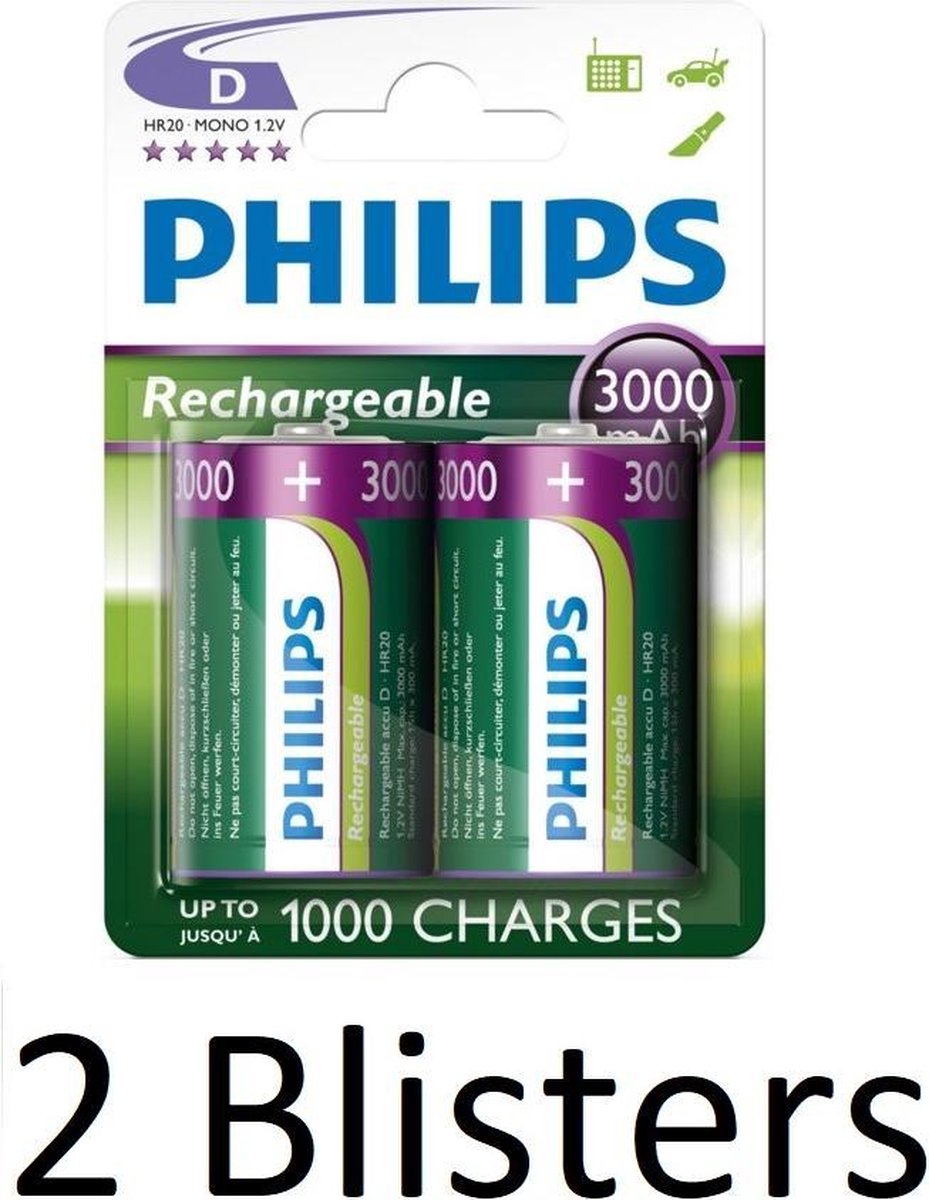 4 Stuks (2 Blisters a 2 st) Philips Rechargeables D Batterij 3000 Mah