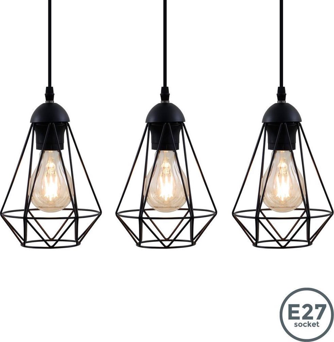 B.K.Licht - Metalen Hanglampen - zwart - voor binnen - industriële - met 3 lichtpunten - eetkamer - pendellamp - Ø16.5cm - E27 fitting - excl. lichtbronnen