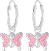 Joy|S - Zilveren vlinder bedel oorbellen roze glitter oorringen