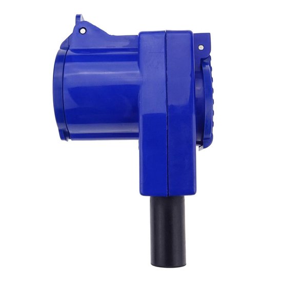 Blauwe haakse connector, zijaanzicht met ronde zwarte aansluiting.