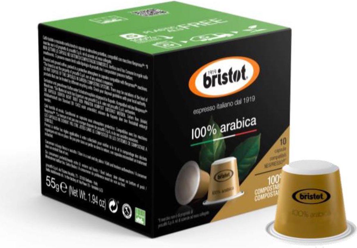 Bristot 100% Arabica Koffie Capsules - Biologisch afbreekbaar - (Nespesso© Compatible) - 100 stuks