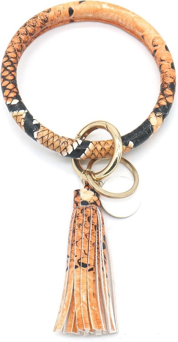 Tas- en Sleutelhanger - Ring met Kwastje - Imitatie Slangenleer - Bruin