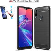 Asus Zenfone Max Pro M2 ZB631KL Carbone Brushed Tpu Zwart Cover Case Hoesje - 1 x Tempered Glass Screenprotector CTBL