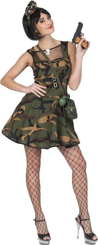Funny Fashion - Leger & Oorlog Kostuum - Op Slag Gewonnen Leger Militair - Vrouw - groen,bruin,wit / beige - Maat 36-38 - Carnavalskleding - Verkleedkleding