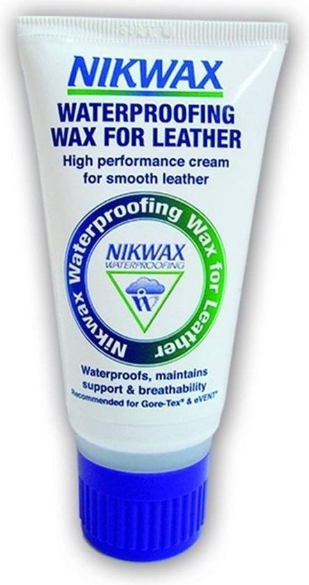 Tube Nikwax waterdichtingswax voor glad leer, met blauwe dop, productinformatie in het Engels.