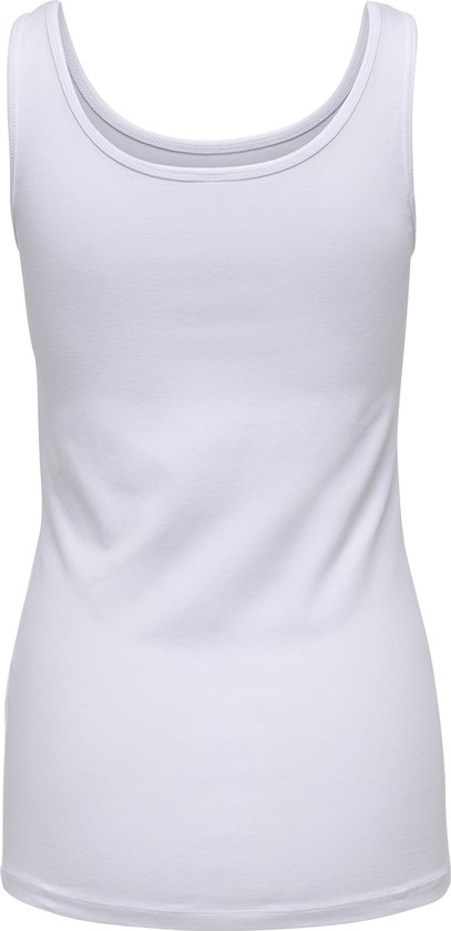 Zijaanzicht van een witte tanktop met ronde hals.