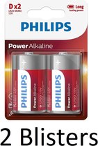 4 Stuks (2 Blisters a 2 st) Philips Power Alkaline D Batterijen