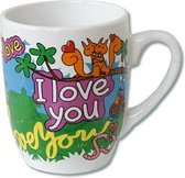 Cartoon Mok - I love you - Gevuld met een toffeemix - In cadeauverpakking met gekleurd krullint
