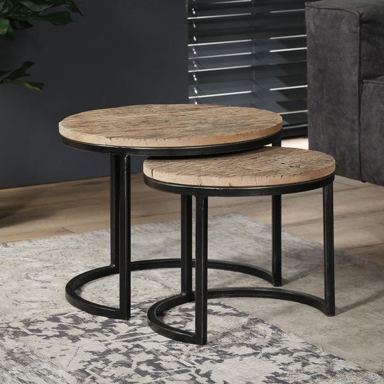 Salontafel, set van 2, rond, van hout, moderne woonkamertafel, bijzettafel, set 2 in 1 met metalen onderstel voor woonkamer, kantoor, bijzettafel, loftdesign TWIN | Wit