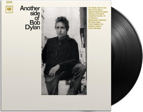 Albumhoes van "Another Side of Bob Dylan" met Bob Dylan zittend, gedrukt op vinyl.
