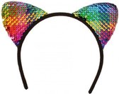 Gekleurde pailletten katten/poezen oortjes diadeem/haarband voor dames - Feest/party verkleed accessoire