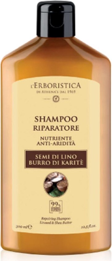 Herstellende shampoo op basis van lijnzaad & shea boter (300 ml). Vegan, vrij van parabenen en siliconen.