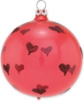 Set van 3 koraal rode transparante kerstballen met kleine hartjes 8 cm