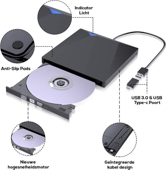 THS externe CD-/ DVD speler - Lezen en branden - USB 3.0 en USB-C - Zwart - THS