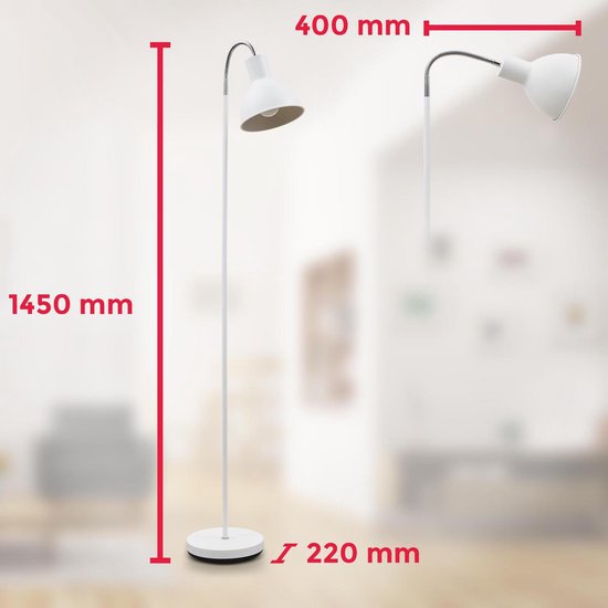 B.K.Licht - Witte Vloerlamp - voor binnen - draaibar - voor woonkamer - industriële staande lamp - staanlamp - met 1 lichtpunt - h:145cm - leeslamp - E27 fitting - excl. lichtbron - B.K.Licht