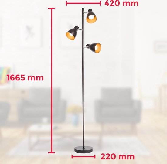 Zwarte staande lamp met drie spots, met afmetingen: hoogte 1665 mm, breedte 420 mm, voet 220 mm.