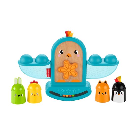Fisher-Price Balanceer Vogeltje met houten vogelgezicht, oranje bloem, blauwe vleugels. Met groene konijn, gele kuiken, oranje vos en pinguïn. Wit achtergrond.