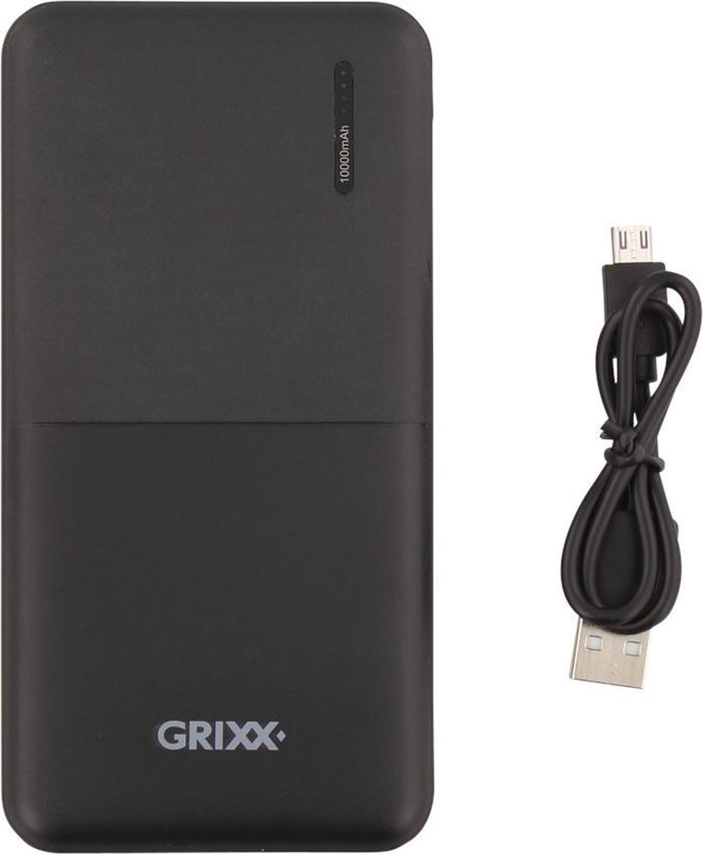 Grixx Powerbank - 10.000mAh - zwart - incl. kabel - 2 outputs - led indicator - USB C oplader acculader