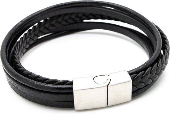 Armband - leer - 5 snoeren - zwart - zilverkleurige magnetische RVS  sluiting - heren -... | bol.com