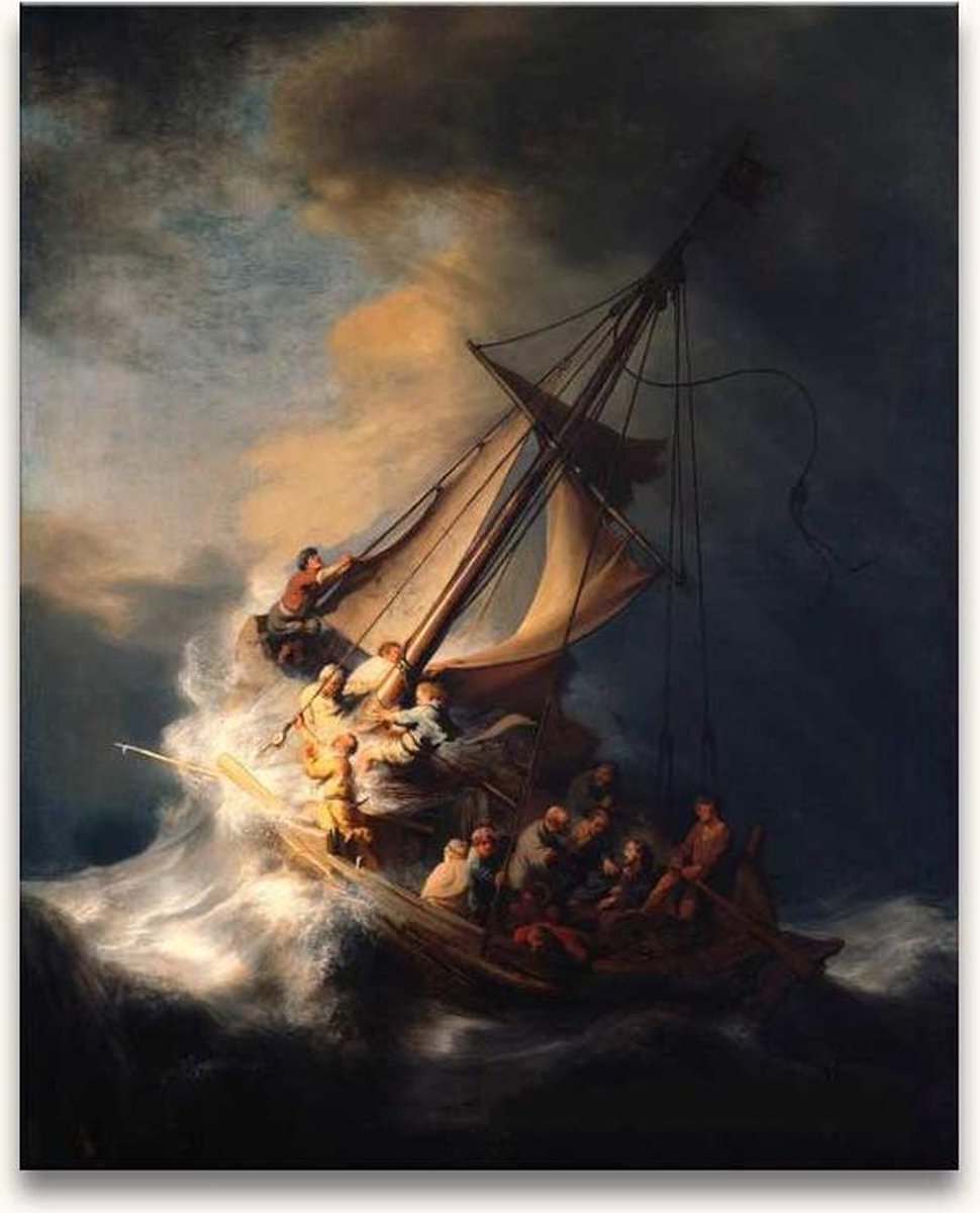 Grootmeesters ® Handgeschilderd schilderij Olieverf op Canvas - Rembrandt van Rijn 'De Storm op Zee' multi