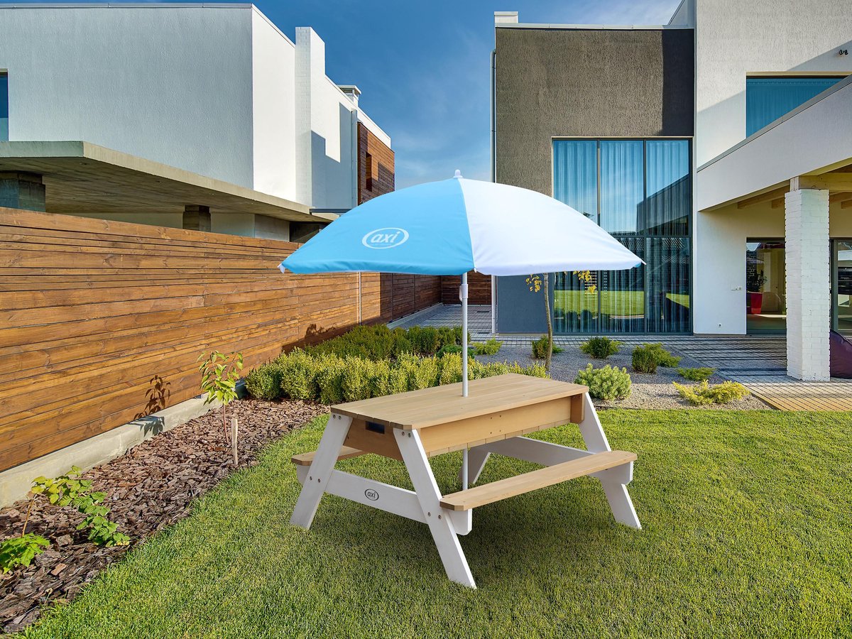 AXI Nick Zand & Water Picknicktafel in Bruin/Wit voor kinderen - Met in hoogte verstelbare Parasol in Blauw/Wit - Multifunctionele Picknick tafel van FSC hout - Picknick tafel voor kinderen van hout — afbeelding 11