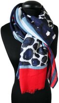 Dames luipaard sjaal in donker blauw rood gebroken wit - 85 x 175 cm