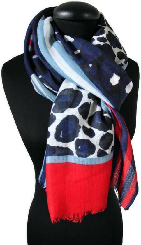 Dames luipaard sjaal in donker blauw rood gebroken wit - 85 x 175 cm |  bol.com