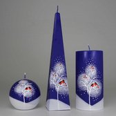 Handgeschilderde Kerst Kaarsen Set - Vogeltjes in Boom - Blauw/Wit
