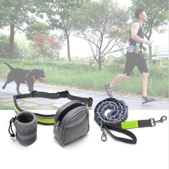 Heupband voor handsfree hardlopen met hond - Reflecterende hondenriem - Uitlaatriem - Hardloopriem - Heupriem - Jogging dog leash - Looplijn hond - Hondenriemen - Grijs/Neon Groen