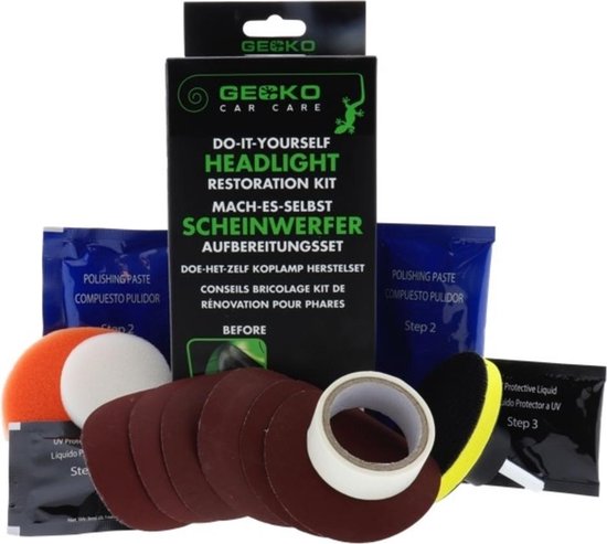 Gekko Car Care koplamp restauratie set met polijstpads, schuurschijven, polijstpasta en beschermende vloeistof.