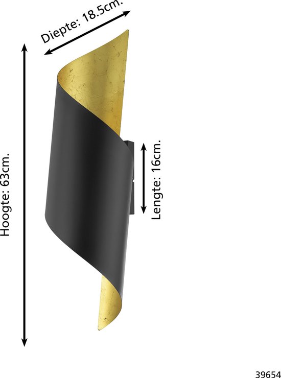 EGLO Jabaloyas Wandlamp - 1 lichts - E27 - 63cm - Zwart, Goud