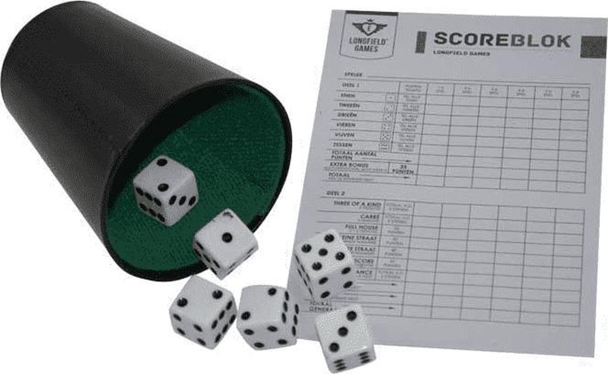 Dobbelset Compleet - Pokerbeker - 5 Dobbelstenen 16 mm - Scoreblok 25 Vellen - Complete Spelset - Engelhart — afbeelding 5