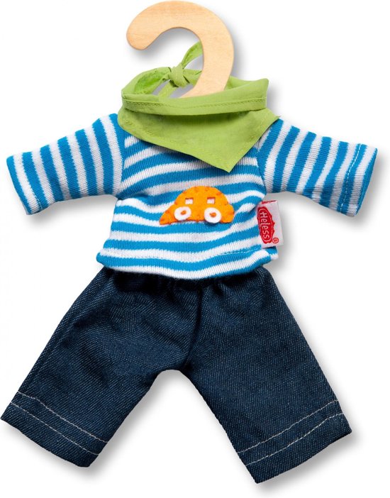 Blauw gestreept shirt met oranje applicatie en jeansbroekje met groen sjaaltje.