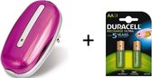 Duracell Mini Lader Roze + 2 Duracell AA Oplaadbare Batterijen - 2500 mAh