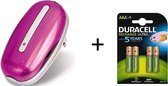 Duracell Mini Lader Roze + 4 Duracell AAA Oplaadbare Batterijen - 850 mAh