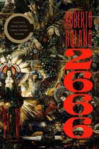 Boek '2666' van Roberto Bolaño met een gedetailleerd, donker kunstwerk van mythologische figuren en bloemen.