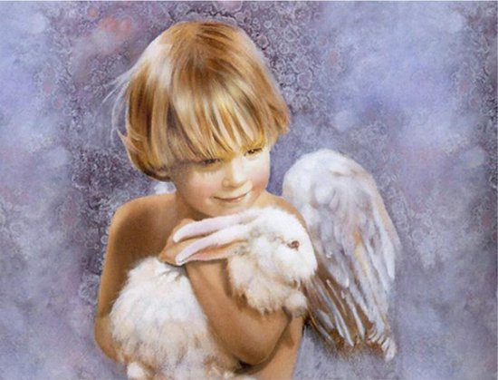 Peinture sur toile * Enfant Engel avec lapin * - Art sur votre mur - Romantique - Couleur - 50 x 60 cm