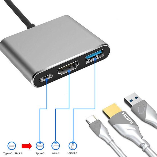 MMOBIEL HDMI naar USB Type C Hub Adapter voor Macbook - Samsung - USB 3.1 - 3.0 - Aluminium GRIJS - MMOBIEL