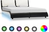 Bedframe Zwart Wit 140x200 cm Kunstleer met LED (Incl LW Led klok) - Bed frame met lattenbodem - Tweepersoonsbed Eenpersoonsbed