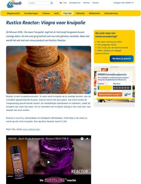 Website ANWB met artikel over Rustico Reactor. Toont roestige bout en video.