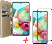 Hoesje geschikt voor Samsung Galaxy A71 - Screen Protector FullGuard - Book Case Leer Pasjeshouder Goud & Screenprotector