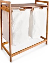 relaxdays - dubbele wasmand bamboe + plank -  mooi ontwerp - twee was zakken