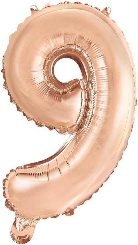 Folie Ballon Cijfer 9 Rosé Goud 41 cm met rietje