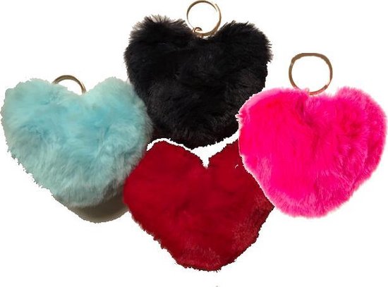 Sleutelhanger Pompon Hart - set van 4 kleuren - Pluizige & zeer zachte Pompom Valentijnsdag